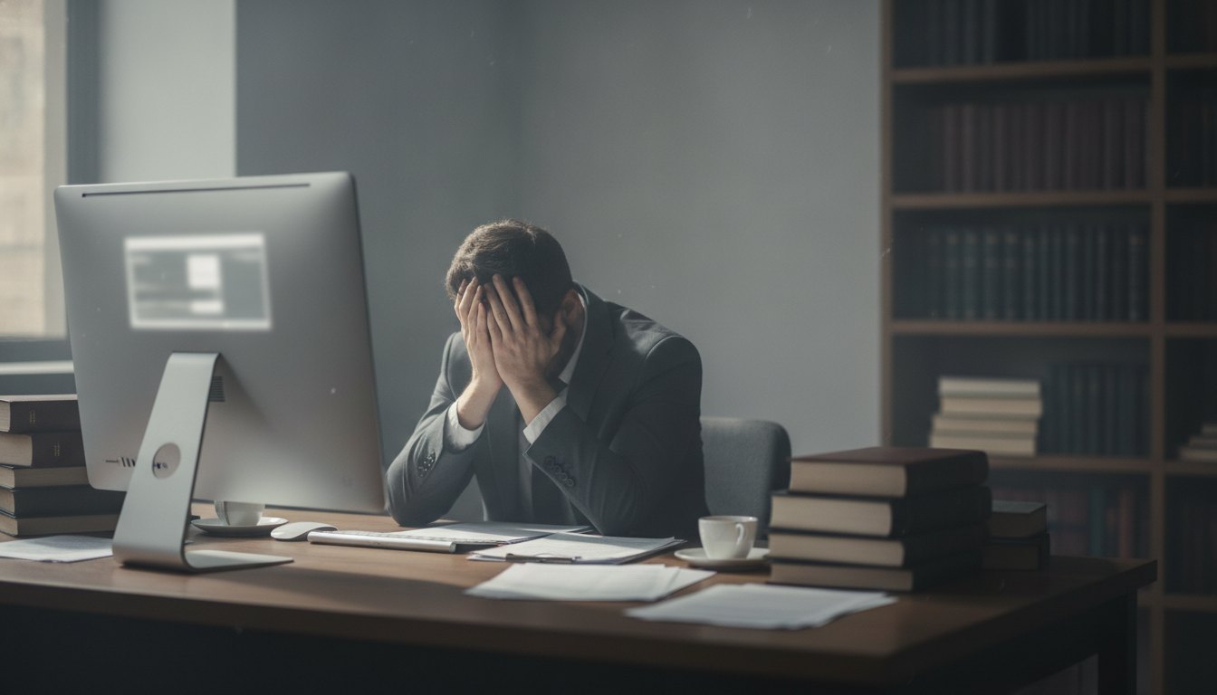 Homem sentado à mesa de trabalho com as mãos no rosto, demonstrando cansaço diante do computador.