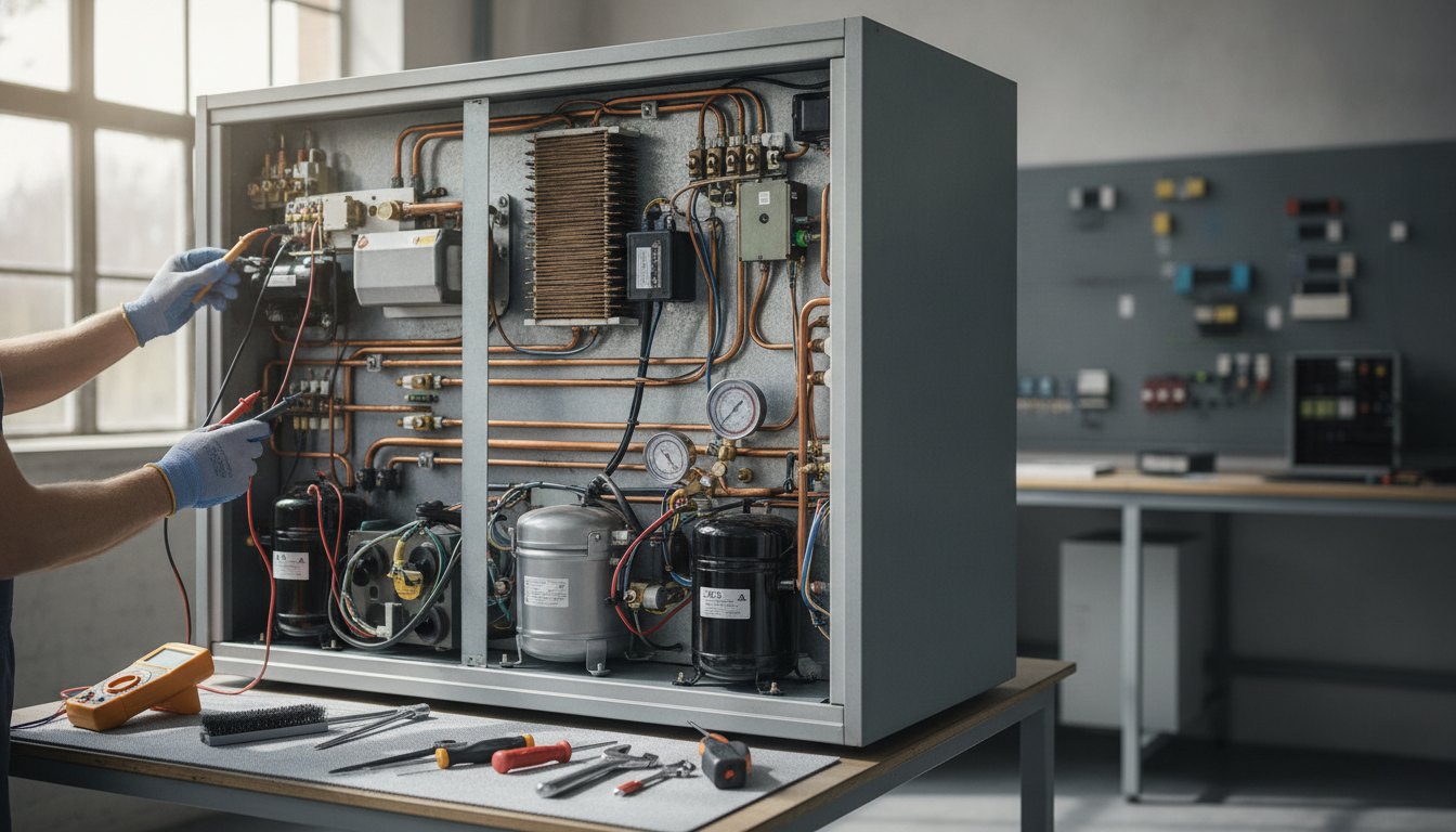 Técnico examinando a parte traseira de um refrigerador aberto com ferramentas de medição em mãos.