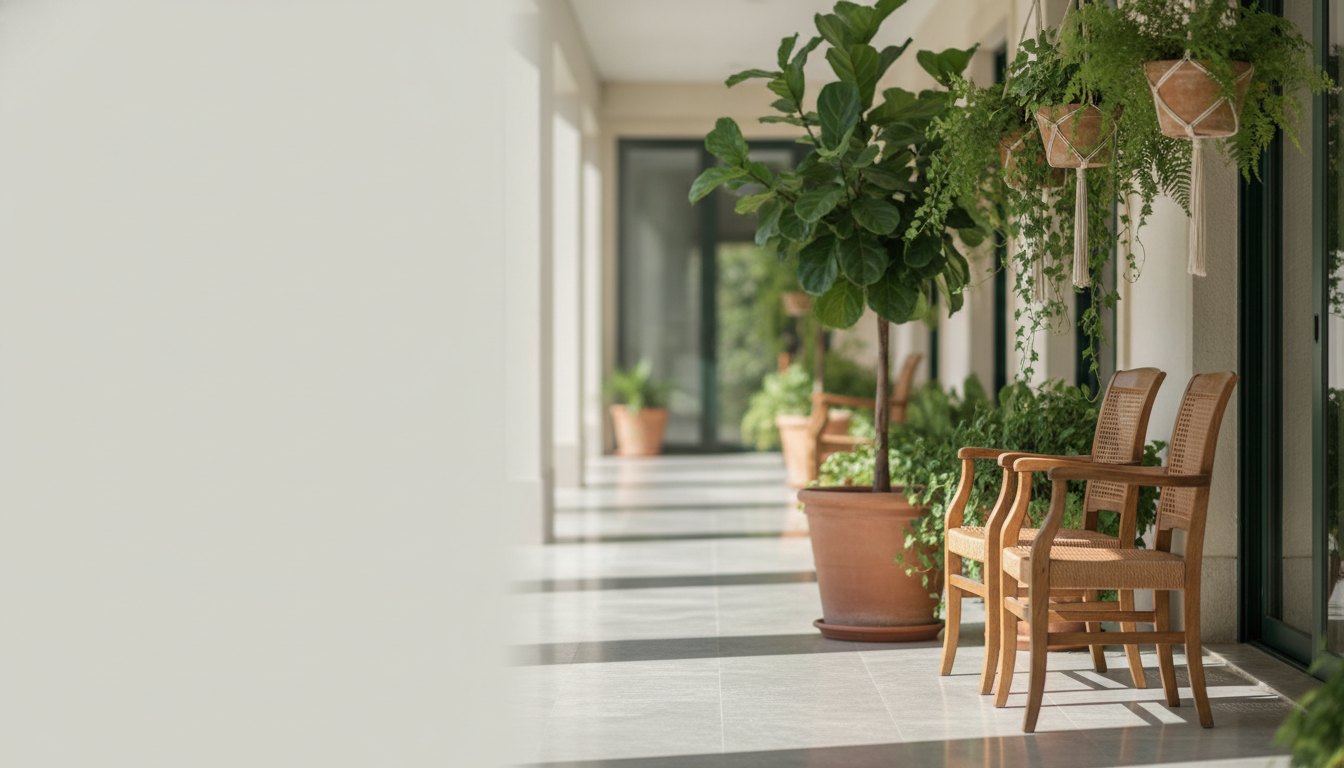 Varanda com cadeiras de madeira, vasos de plantas suspensos e piso limpo sob iluminação natural.