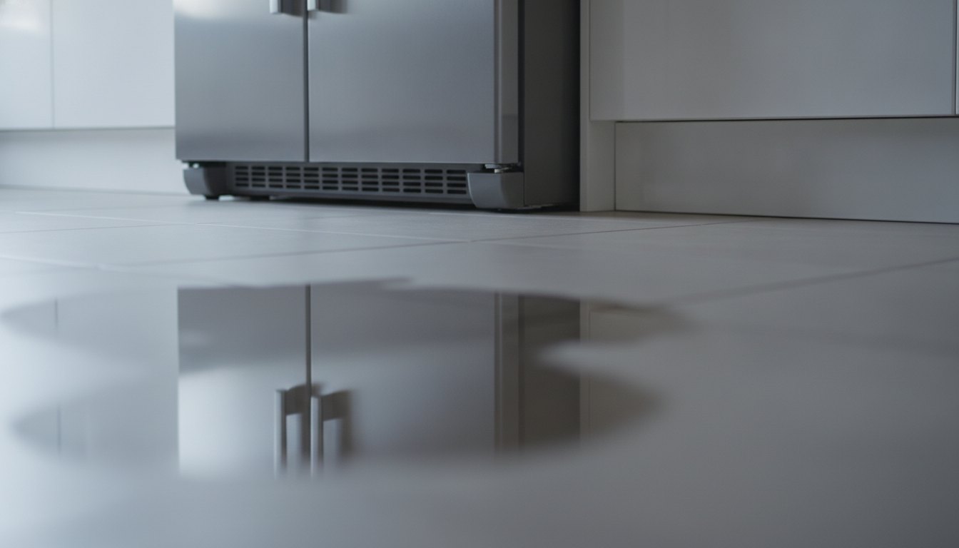 Piso da cozinha com poça de água refletindo a parte inferior de uma geladeira metálica.