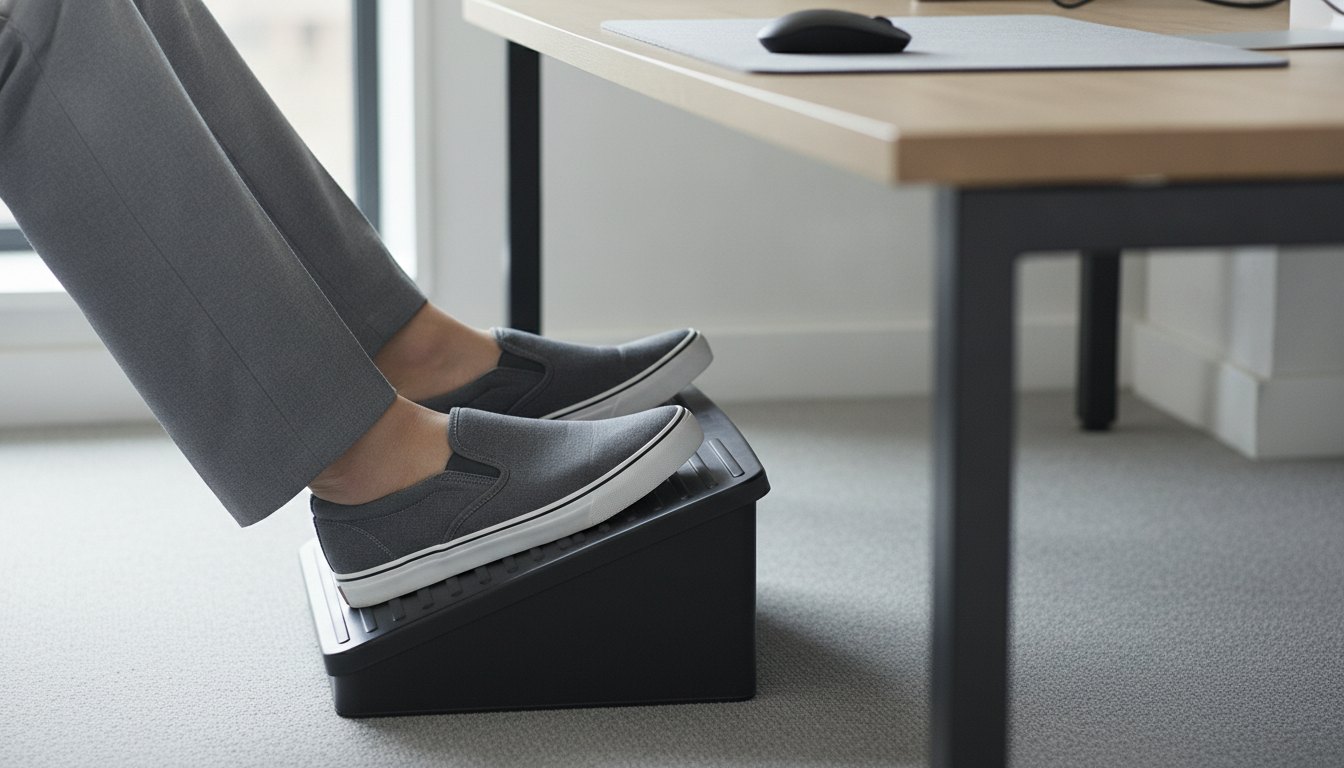 Pés calçados descansando sobre um suporte inclinado de plástico preto sob uma mesa de escritório.