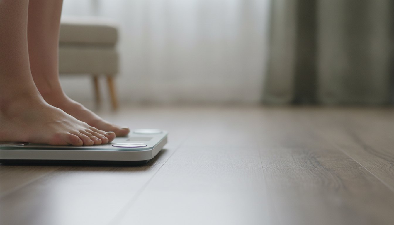 Pessoa descalça pisando nos sensores metálicos de uma balança digital prateada sobre piso de madeira
