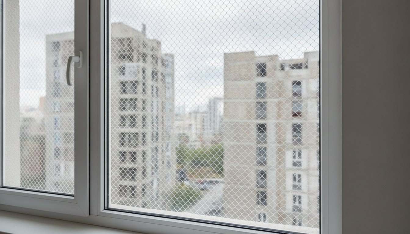 Janela de apartamento com malha de proteção instalada e vista para prédios vizinhos.
