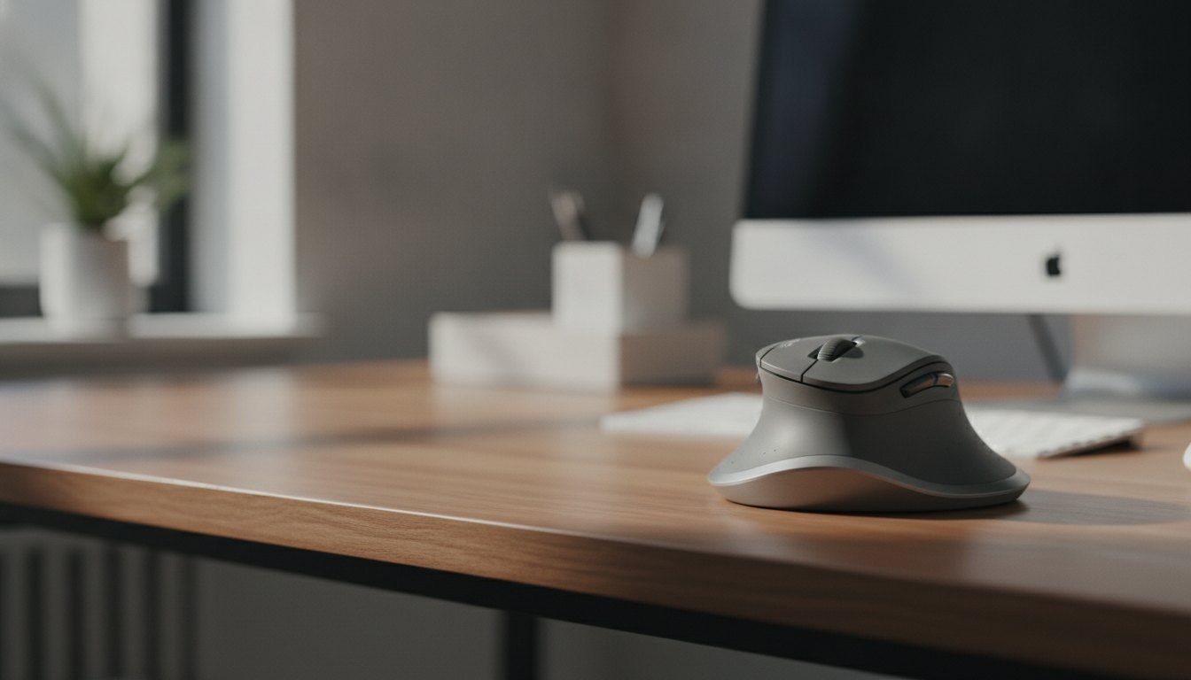Mão direita apoiada sobre um mouse de formato elevado em uma mesa de escritório de madeira.