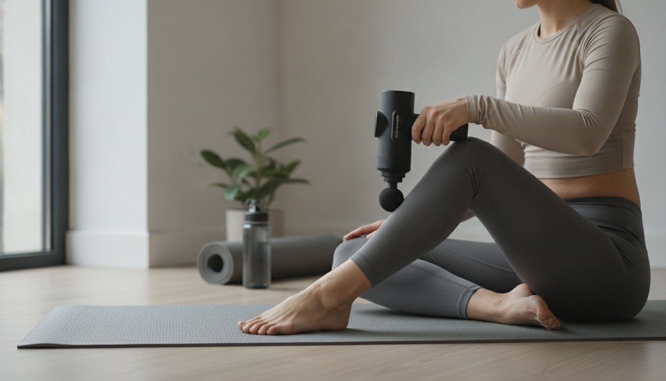 Mulher sentada em tapete de ioga aplicando massageador portátil na panturrilha após exercício físico.
