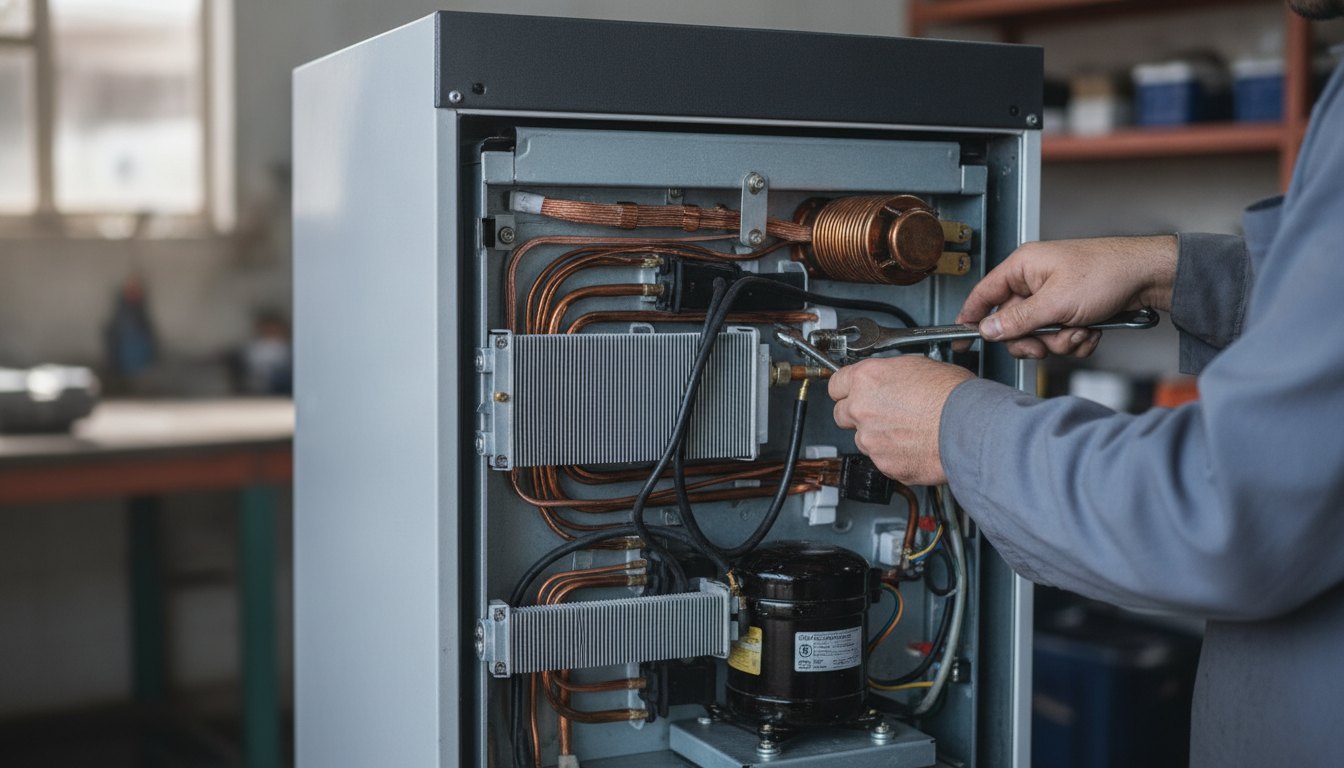 Técnico com ferramentas nas mãos ajustando peças na parte traseira de um refrigerador doméstico.