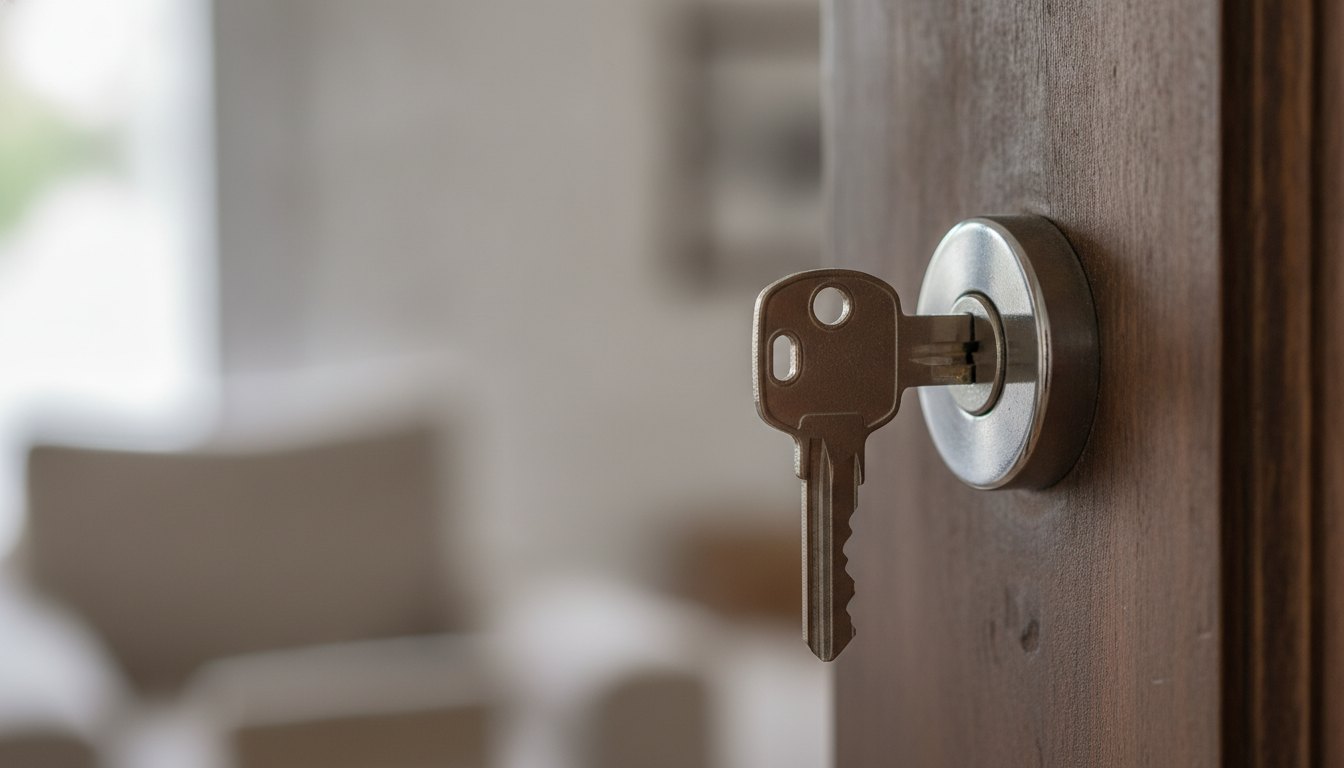 Fechadura de porta de madeira com chave multiponto inserida parcialmente no cilindro de metal prateado.