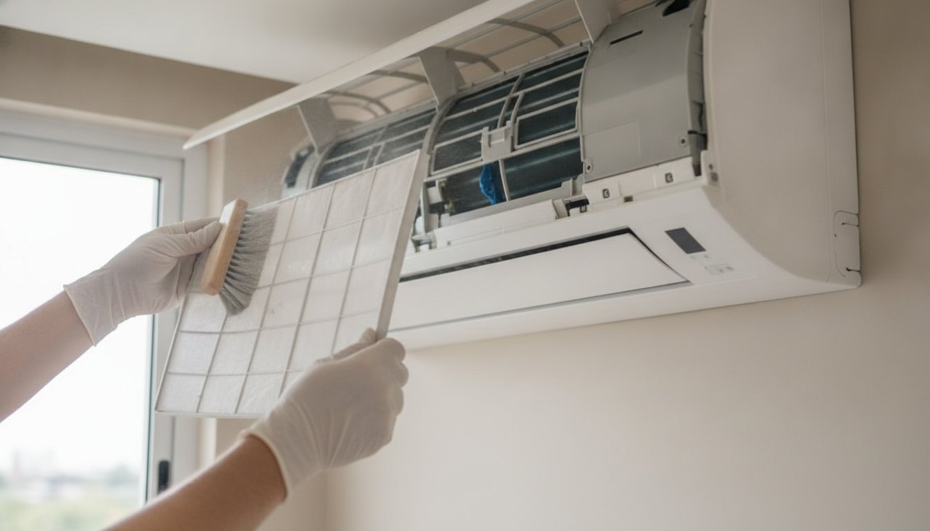 Técnico com luvas realizando a remoção e limpeza dos filtros de um ar condicionado de parede.