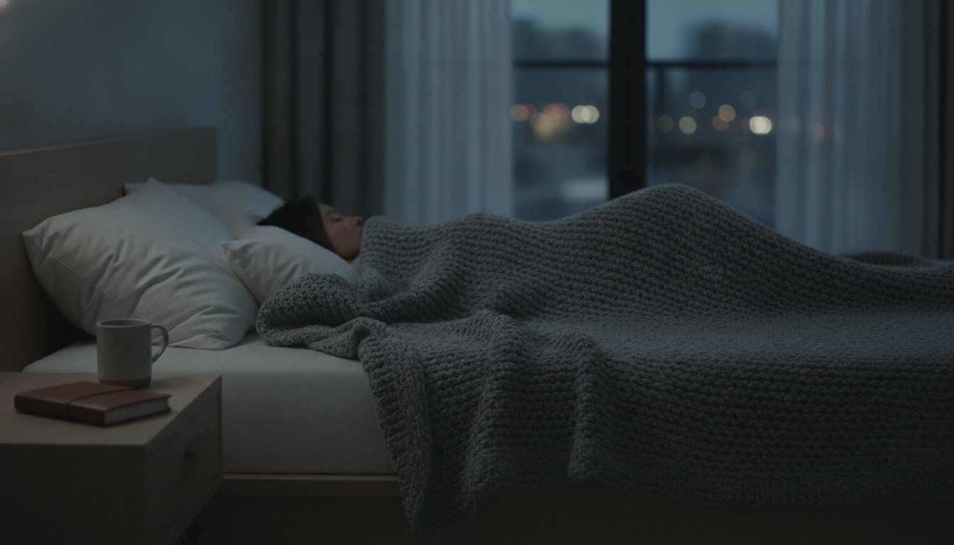 Pessoa deitada em cama confortável coberta por uma manta grossa cinza durante a noite.