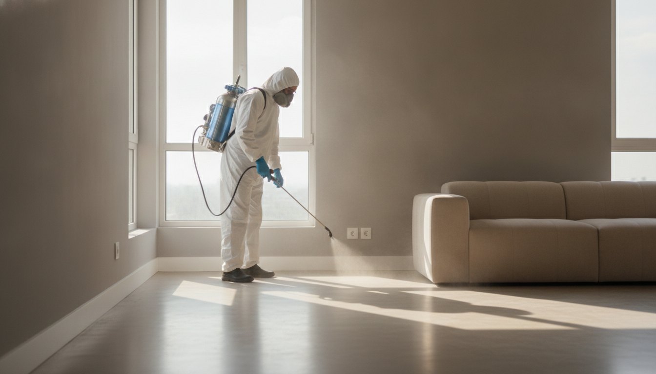 Profissional com equipamento de pulverização aplicando produto nos rodapés de uma sala de estar vazia.