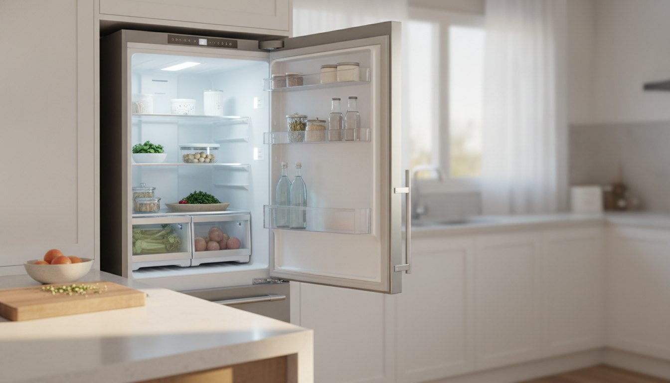 Geladeira de aço inox com a porta entreaberta ao lado de um balcão de cozinha iluminado.