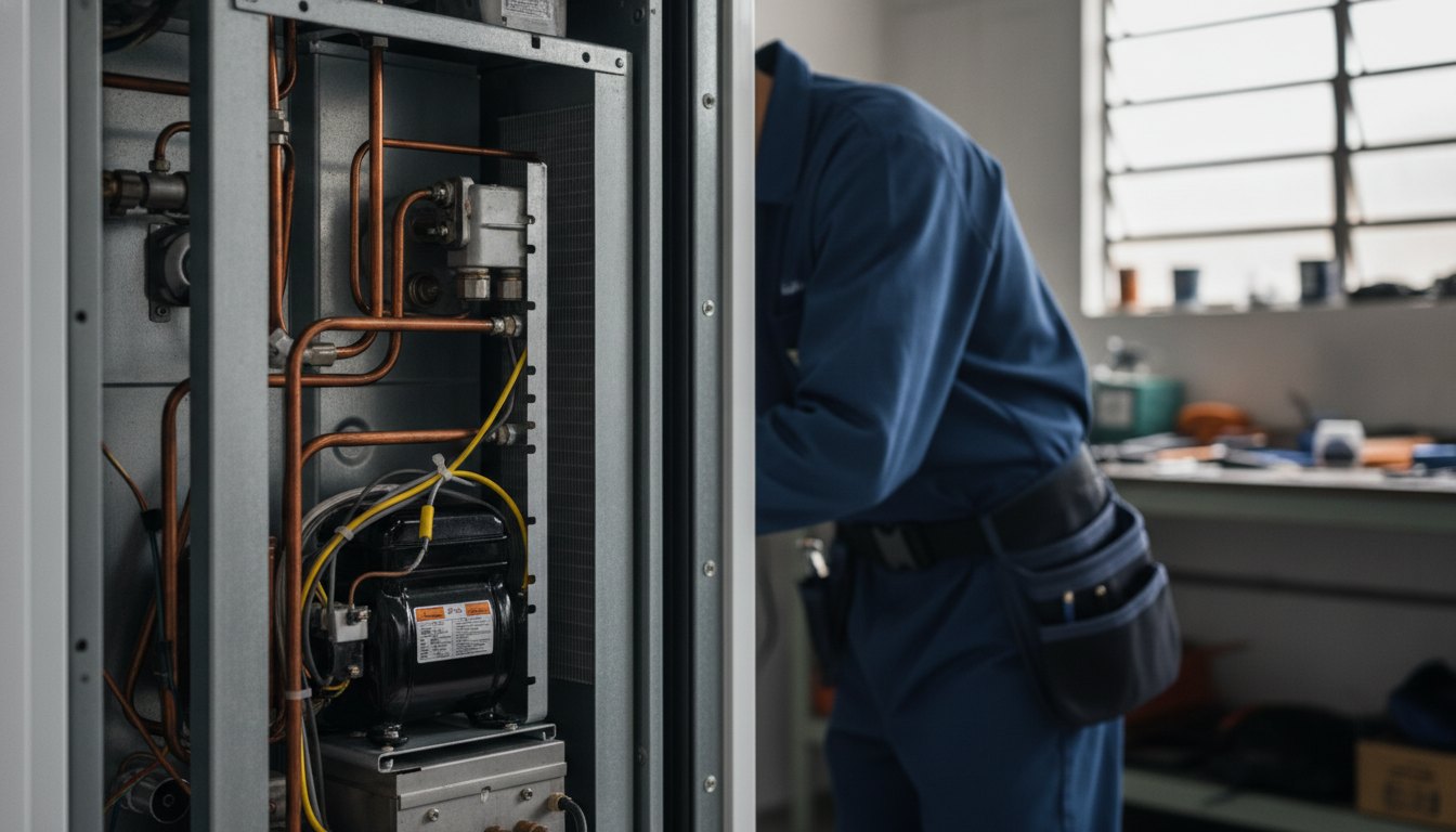 Profissional uniformizado inspecionando as peças internas e as conexões metálicas de um equipamento de refrigeração residencial.