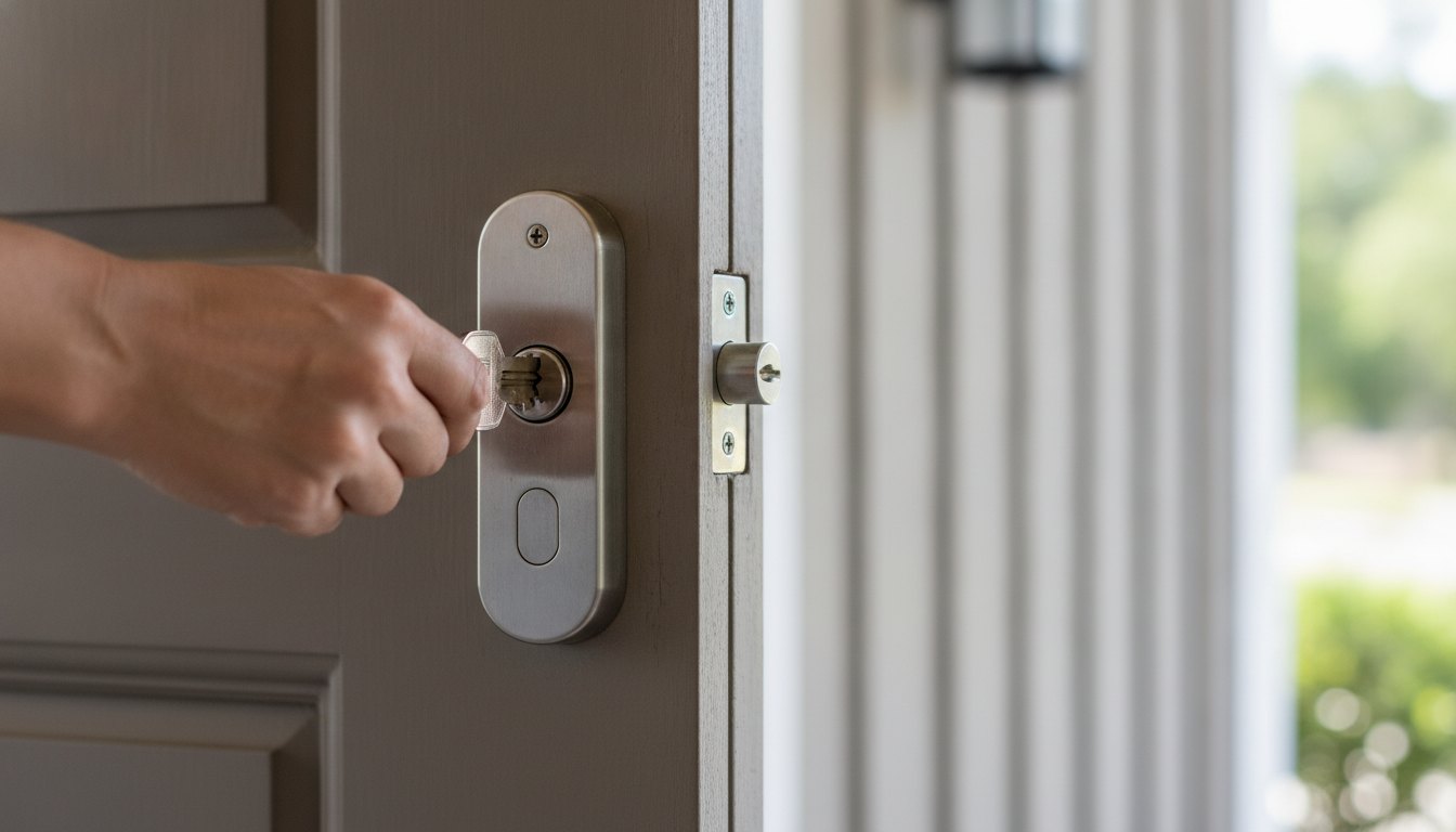 Pessoa insere uma chave metálica em uma fechadura prateada na porta de entrada residencial.