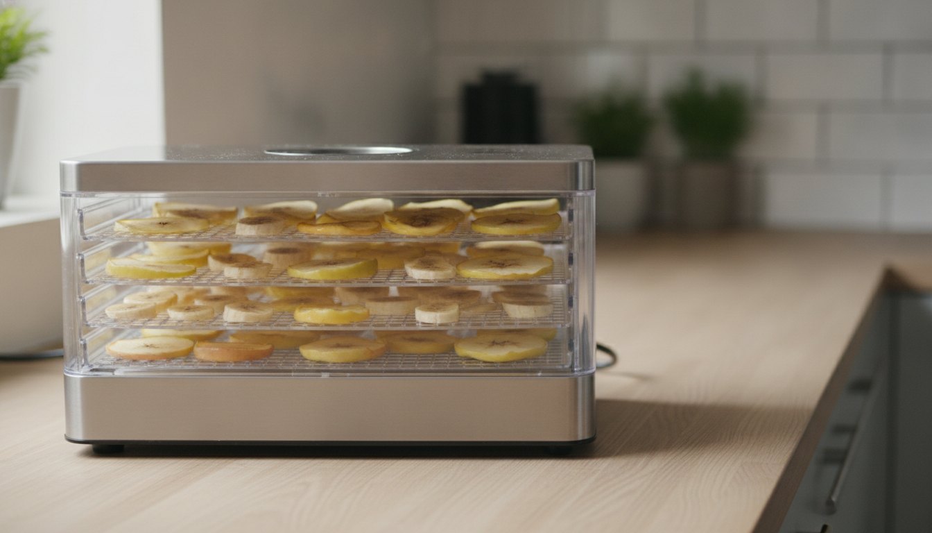 Fatias de maçã e banana distribuídas nas bandejas de uma máquina desidratadora sobre uma bancada clara.