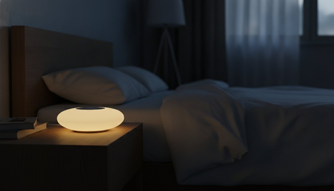 Aparelho redondo sobre mesa de cabeceira emitindo luz amarela suave em um quarto escuro.