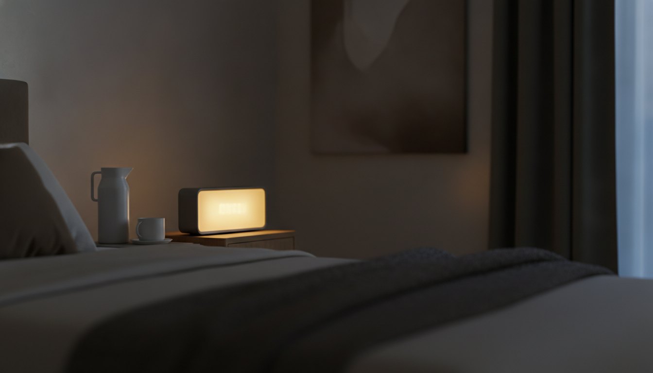 Relógio digital de cabeceira emitindo luz amarelada suave em um quarto escuro ao lado da cama