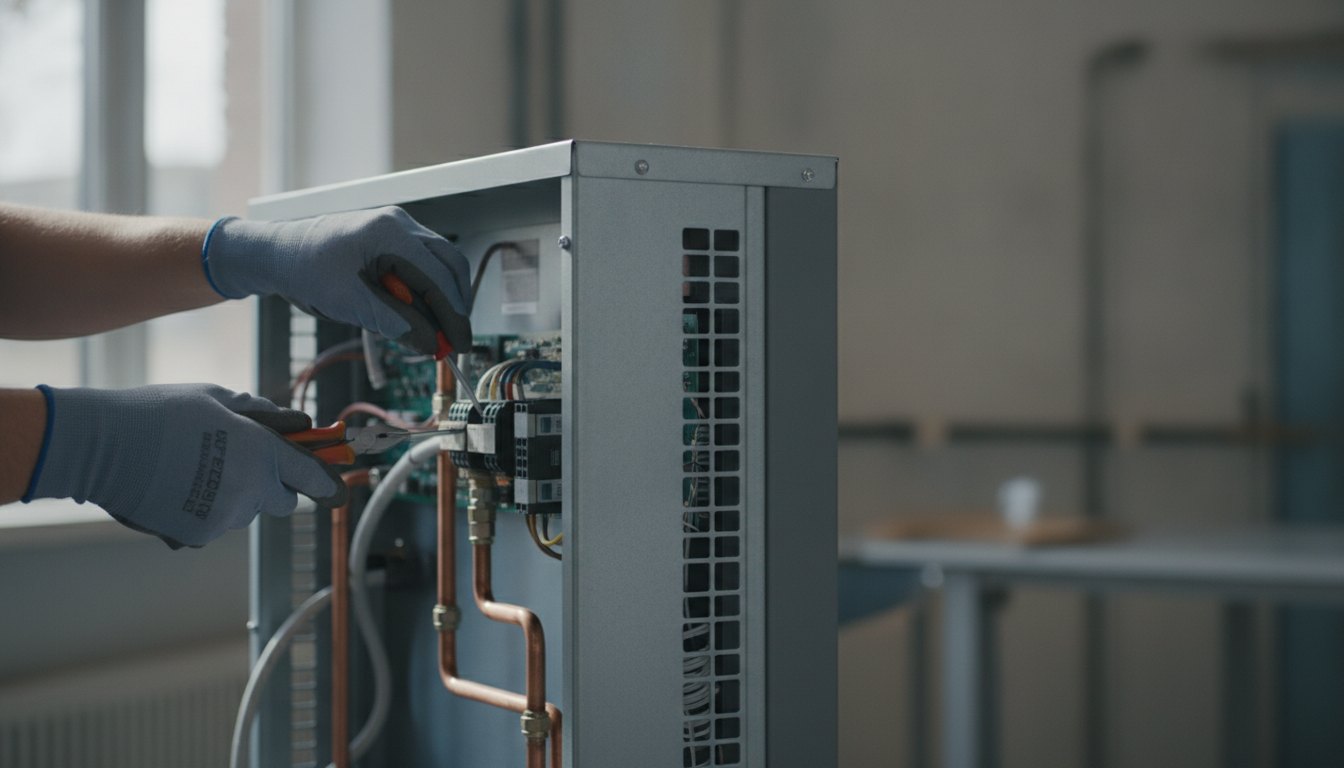 Técnico com luvas inspecionando o painel traseiro de um equipamento de climatização com ferramentas manuais.