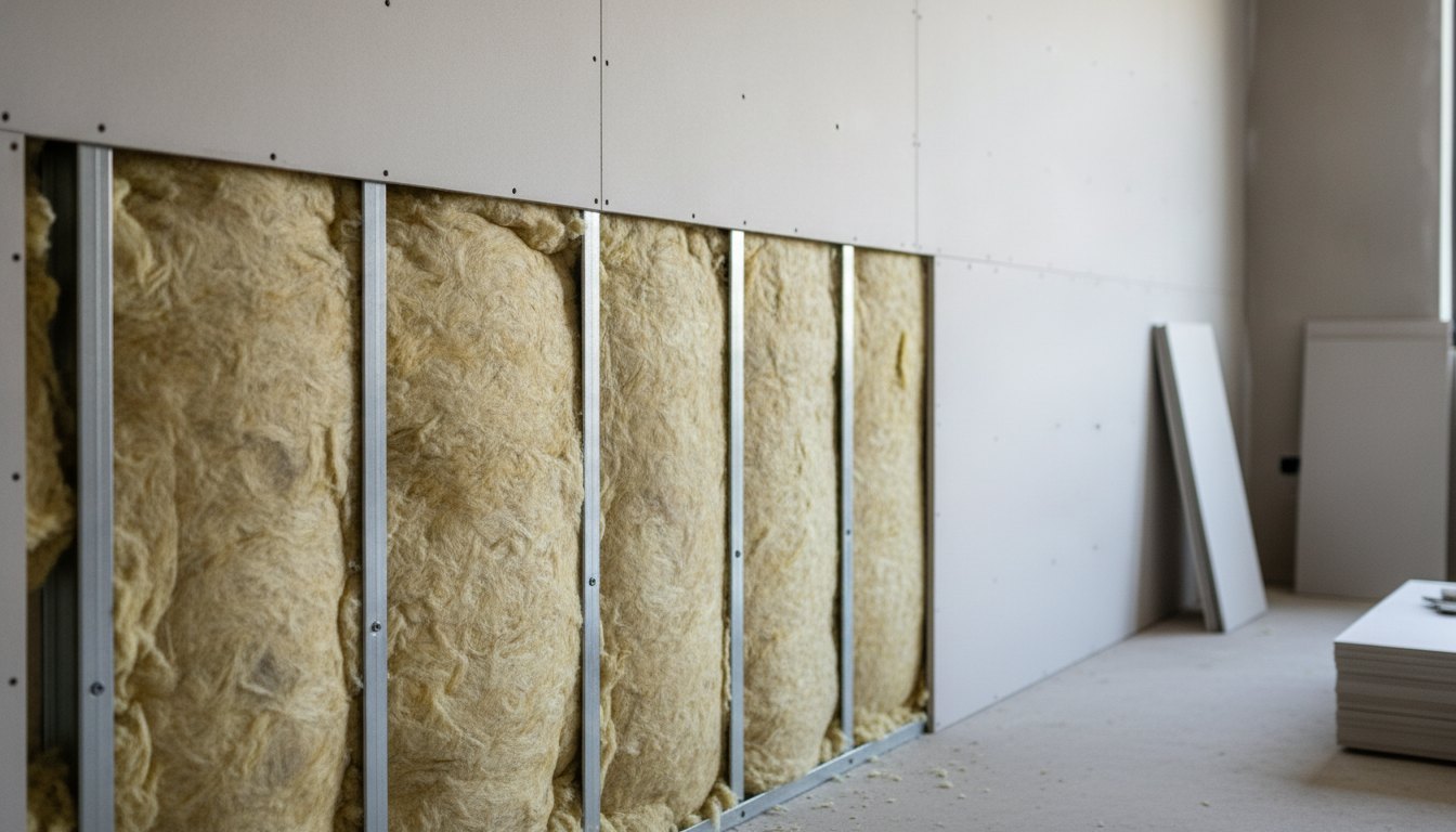 Parede de gesso acartonado em construção com interior preenchido por manta de lã de vidro.