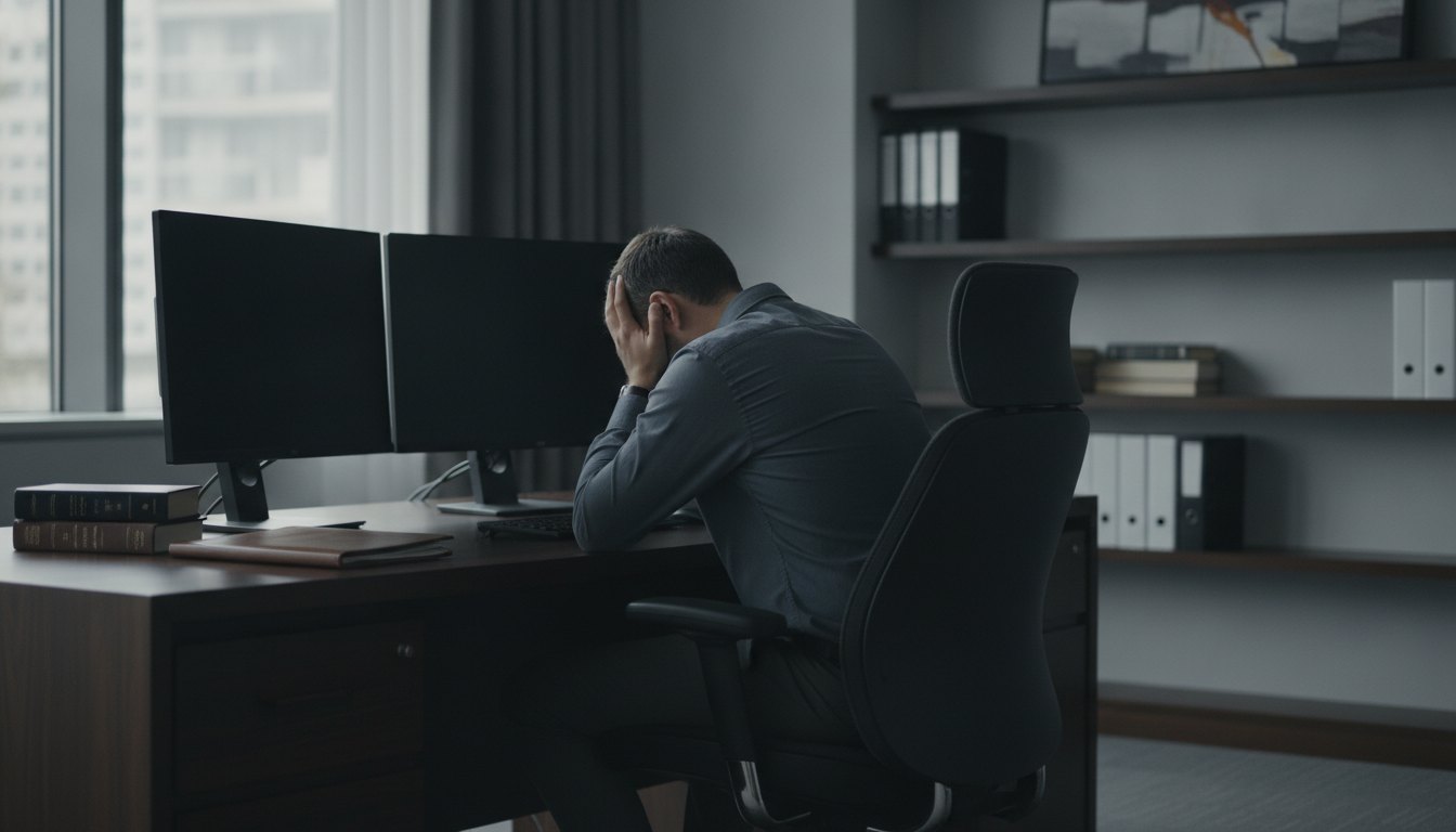 Homem sentado em frente ao computador com as mãos no rosto demonstrando cansaço e frustração