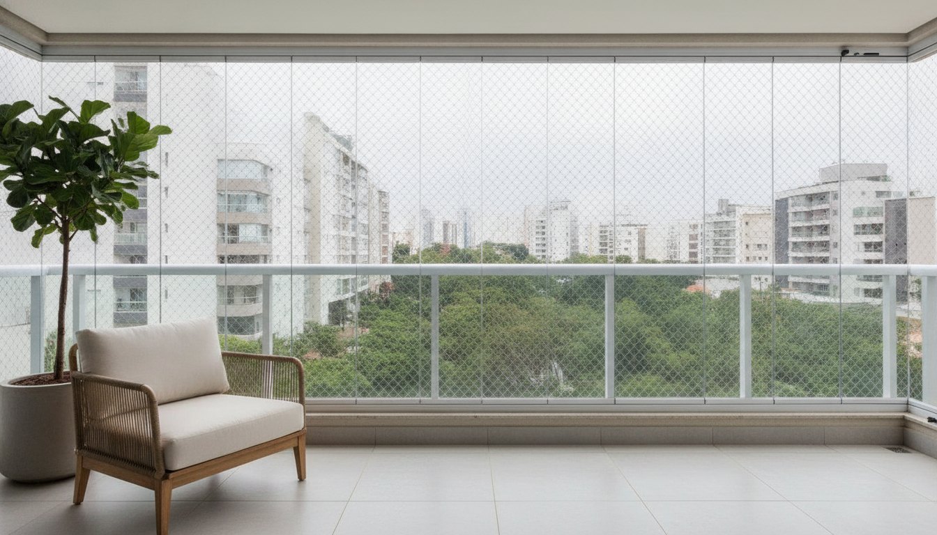 Varanda de apartamento com janelas de vidro recolhidas e tela de proteção instalada no vão.