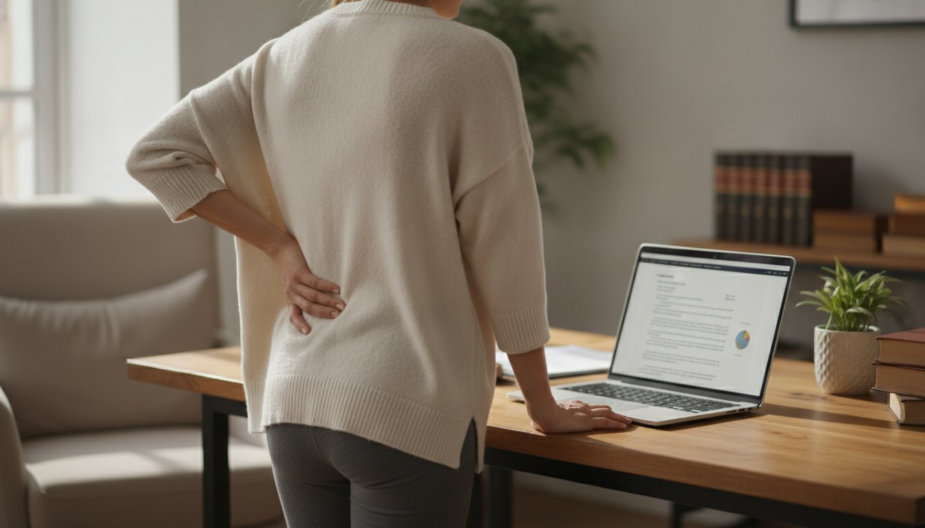 Mulher com expressão de dor massageando a região lombar enquanto trabalha no computador em casa.