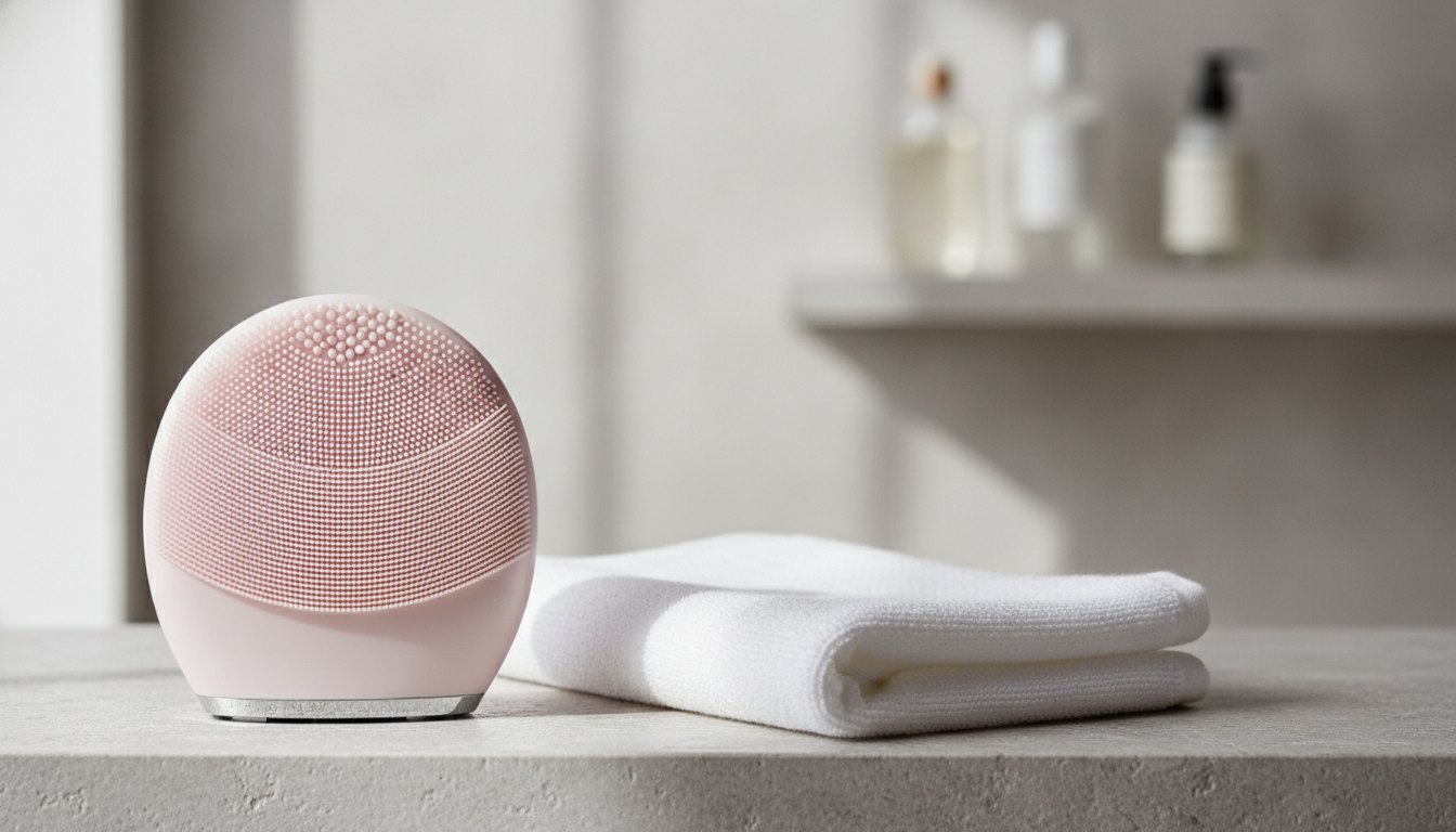 Aparelho elétrico de limpeza facial com cerdas de silicone ao lado de uma toalha branca.