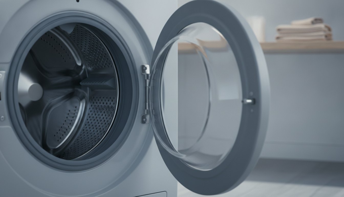 Tambor de aço inox de uma máquina de lavar roupas com a porta aberta