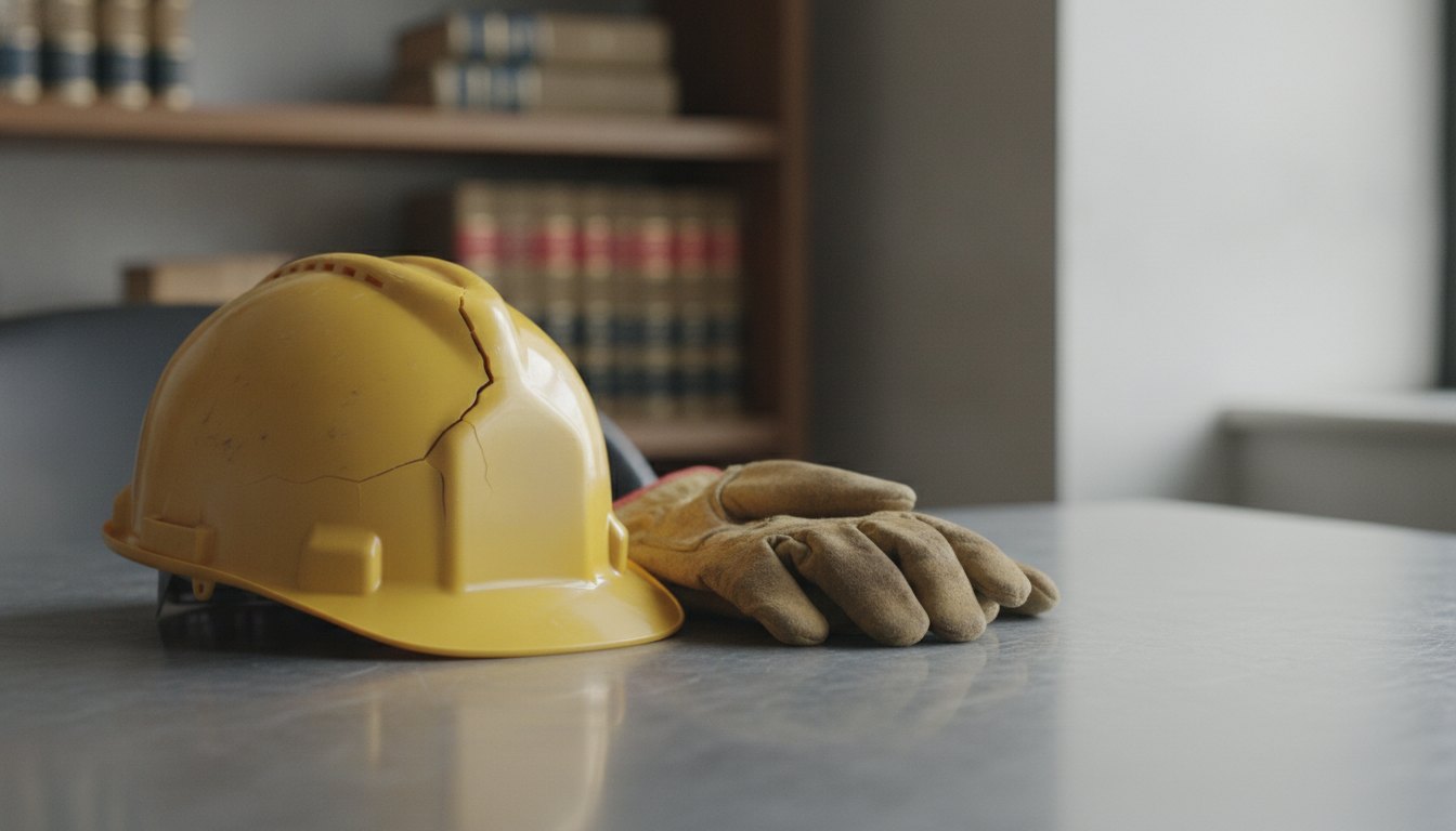 Capacete de segurança amarelo rachado e luvas de couro desgastadas sobre uma mesa de metal.
