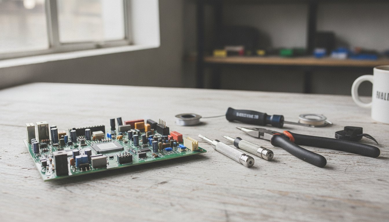 Placa de circuito impresso verde com componentes eletrônicos ao lado de ferramentas de manutenção.