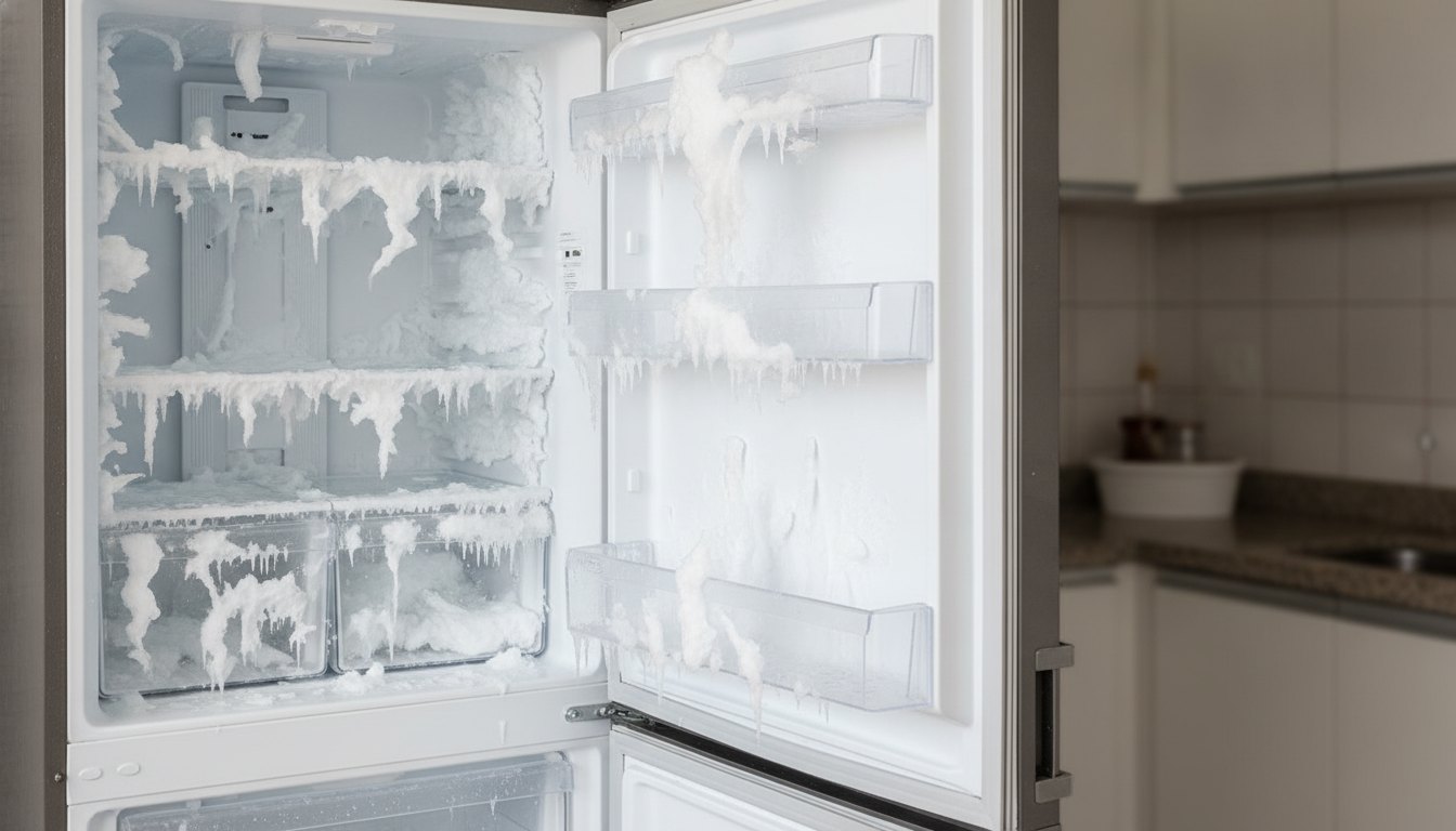 Geladeira aberta com acúmulo visível de gelo nas paredes internas do congelador e dutos obstruídos.