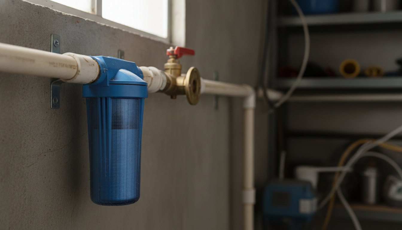 Tubulação de PVC com um filtro central cilíndrico azul instalado próximo a um registro de gaveta.