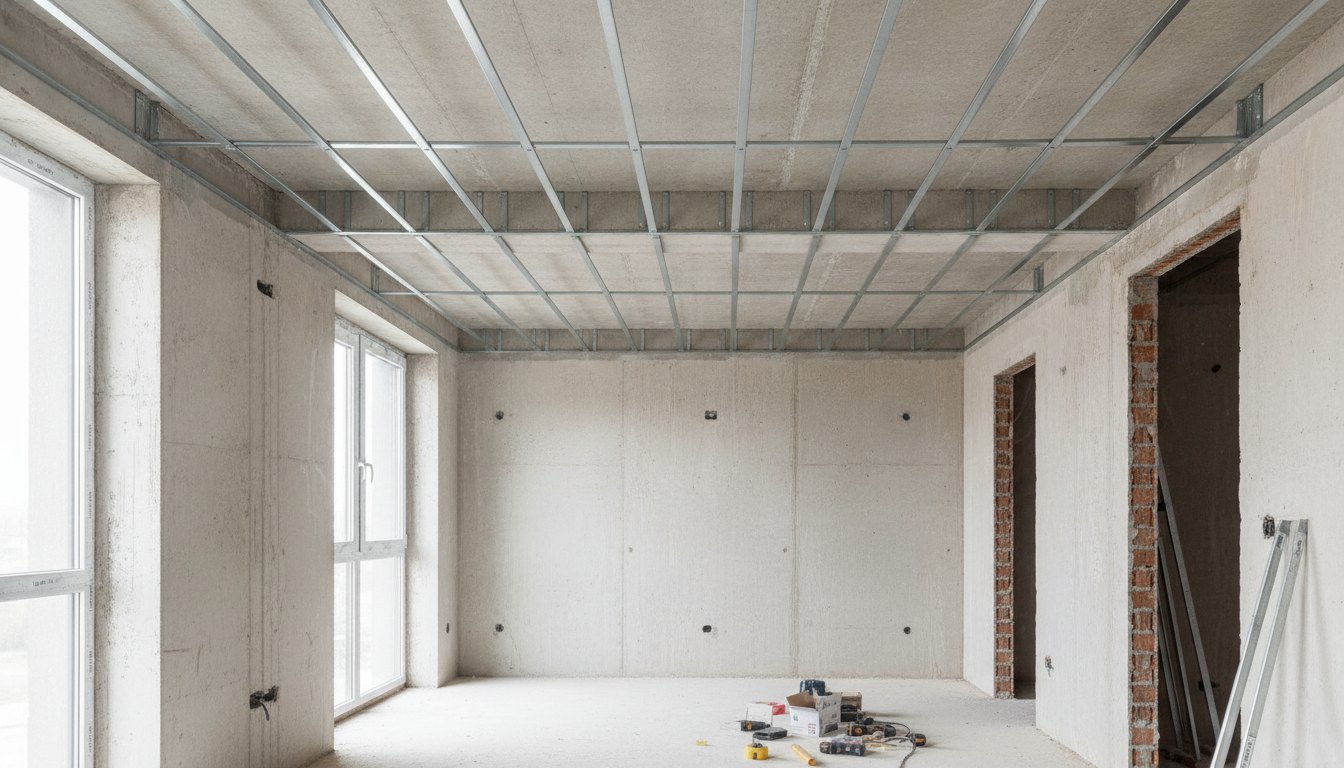 Trabalhador instalando estrutura metálica para forro de gesso em uma sala de apartamento.