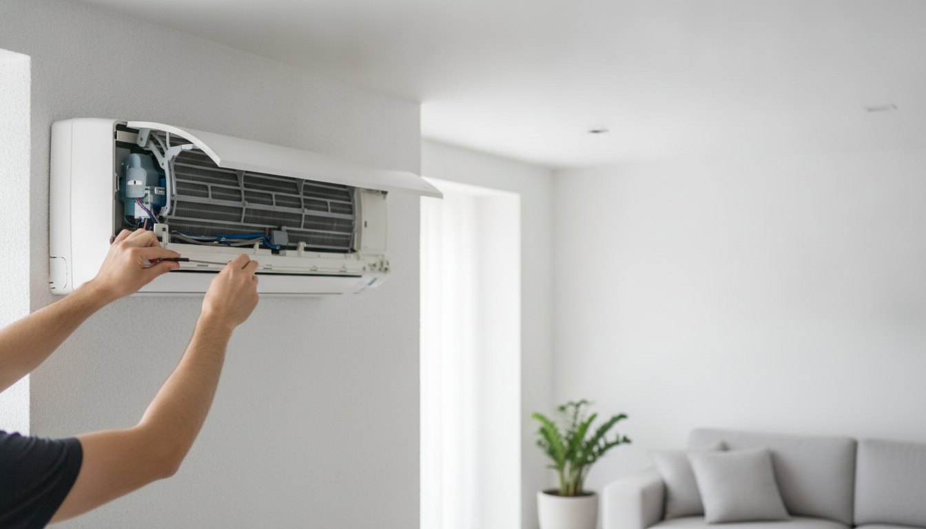 Técnico ajustando a unidade evaporadora de um ar-condicionado split na parede branca de uma sala.
