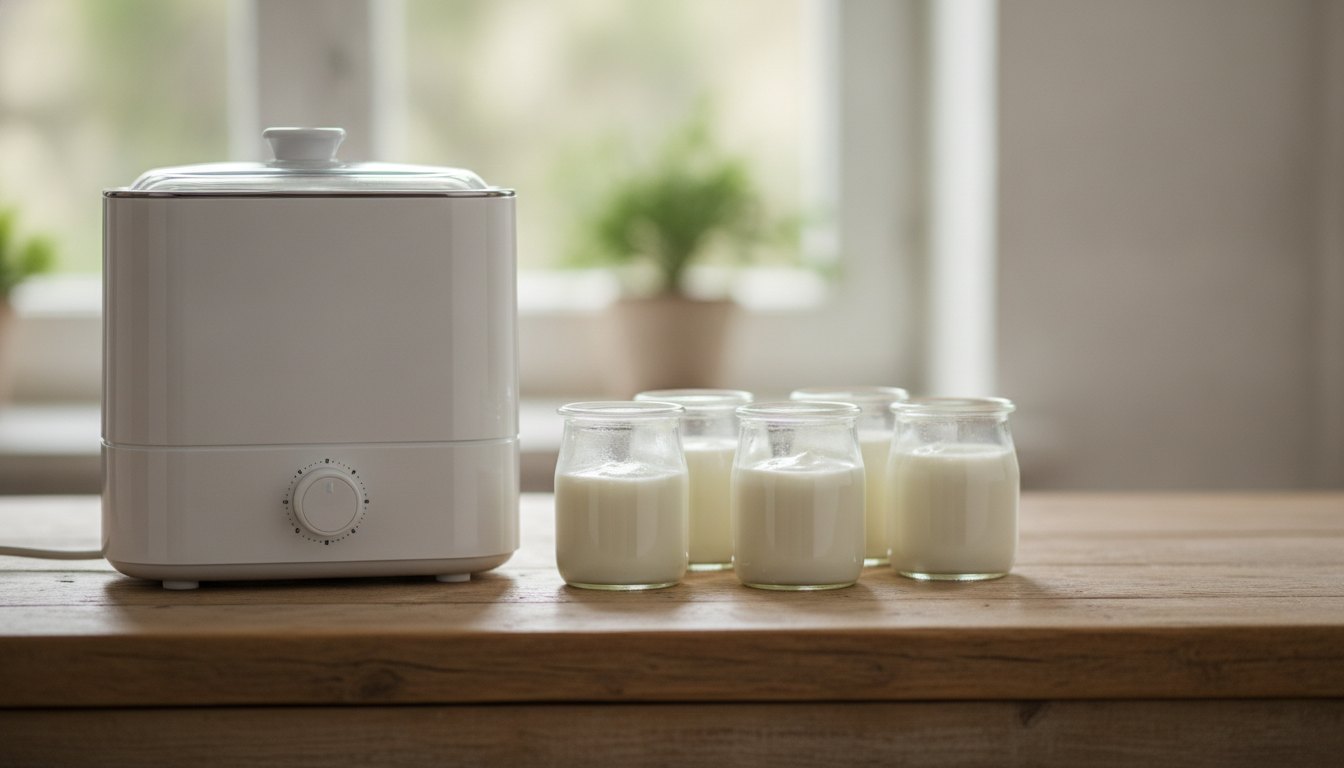 Aparelho branco sobre bancada de madeira com pequenos potes de vidro cheios de iogurte natural.
