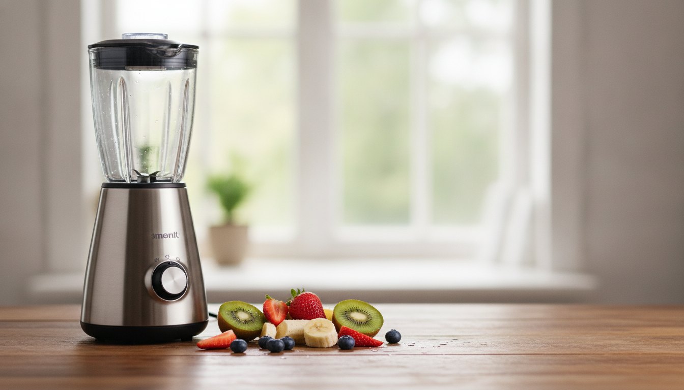 Aparelho misturador compacto sobre uma mesa de madeira ao lado de pedaços de frutas frescas.