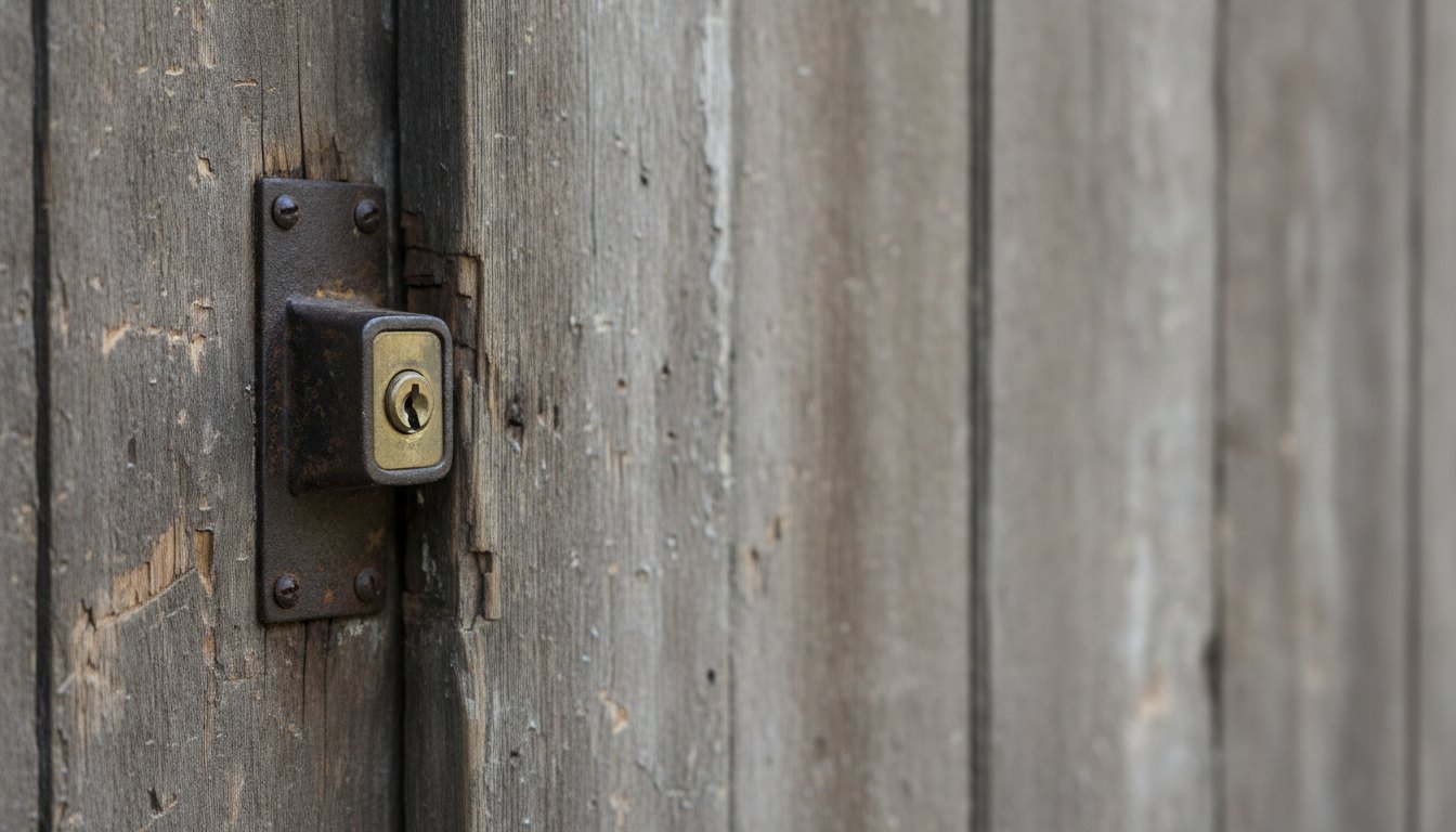 Fechadura de metal instalada em uma porta de madeira com pequenos desgastes na superfície externa.