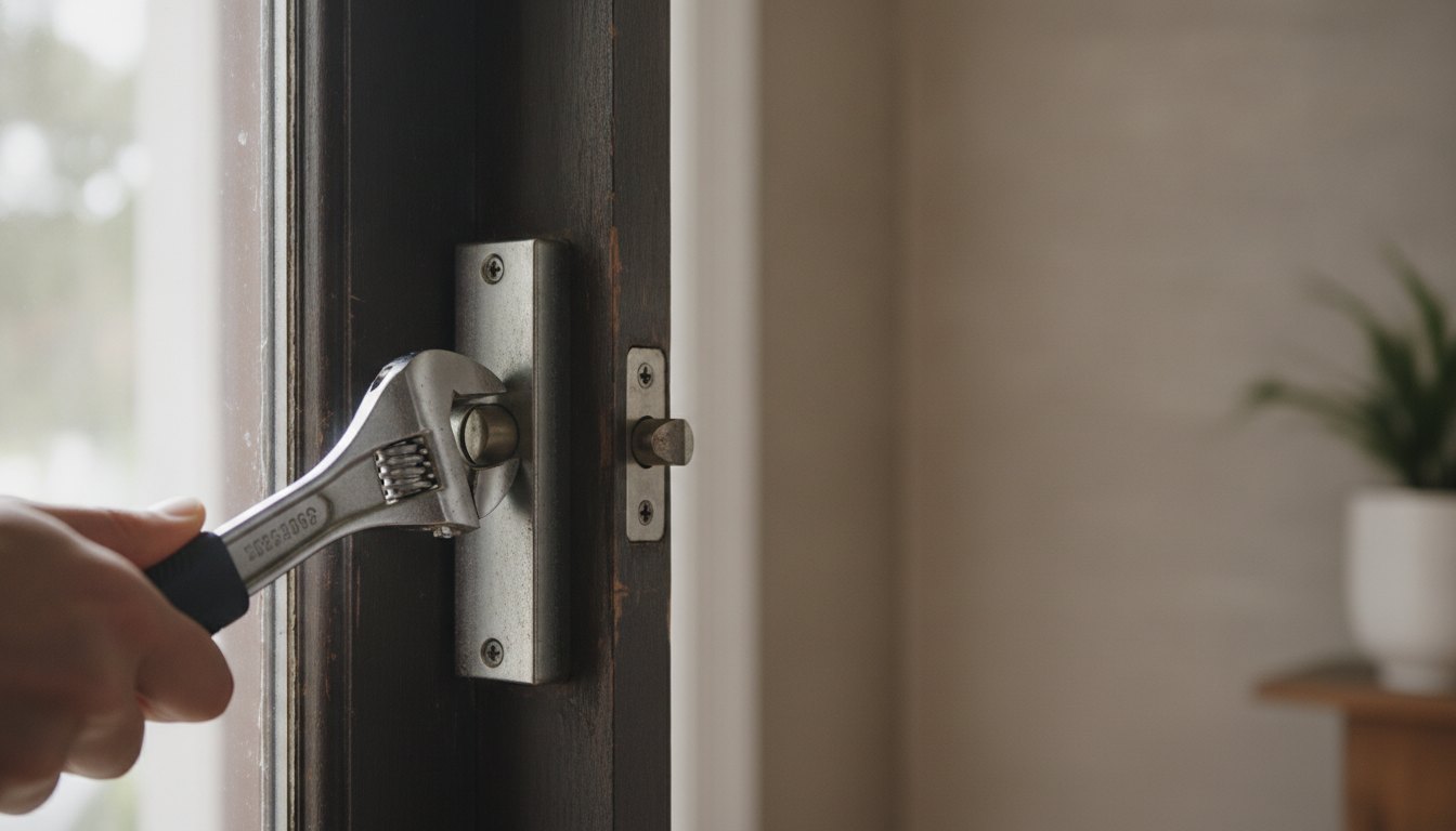 Porta de madeira escura com fechadura metálica prateada sendo ajustada por uma ferramenta manual.