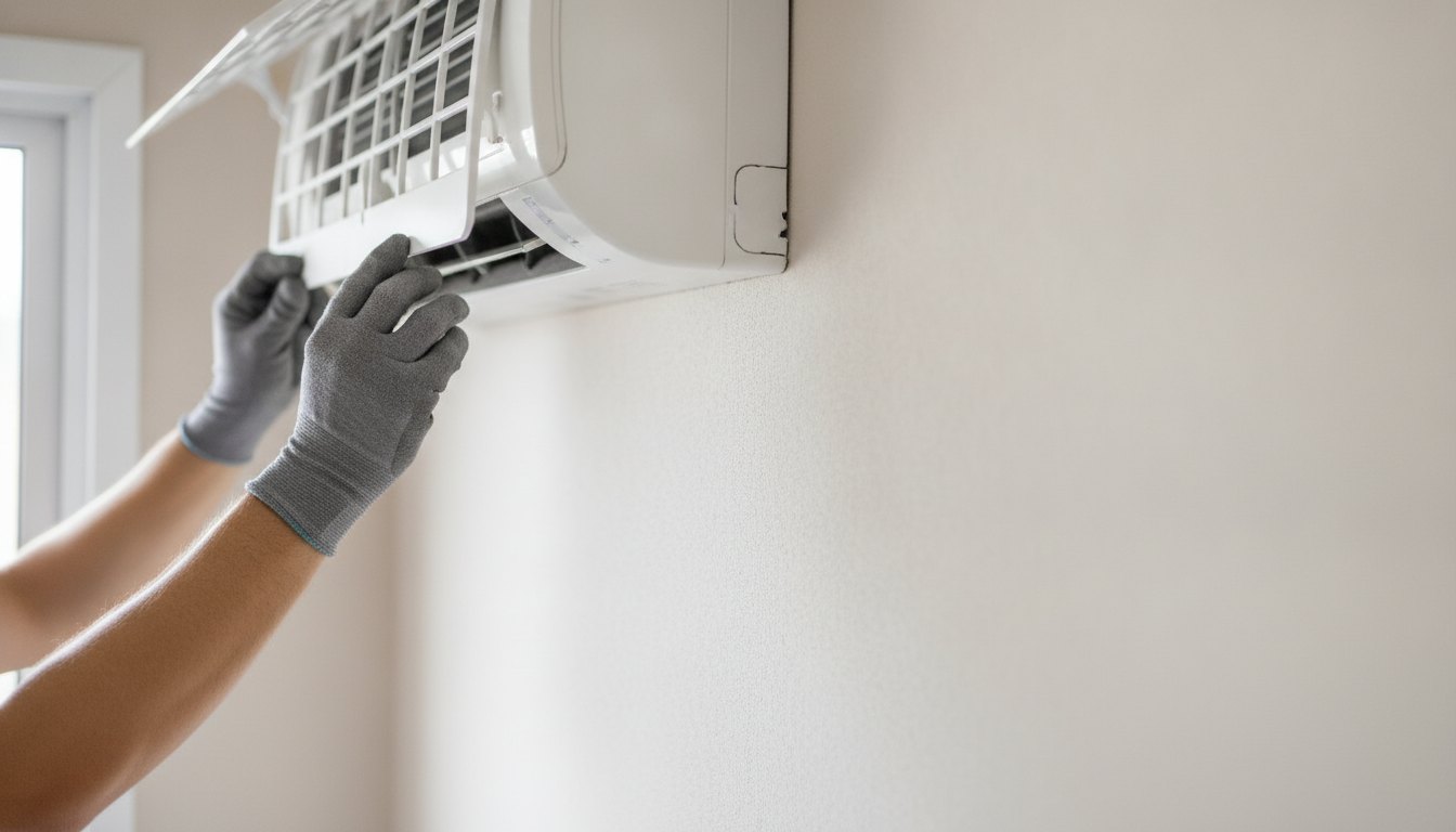 Homem com luvas ajustando o painel de um aparelho de ar-condicionado branco na parede