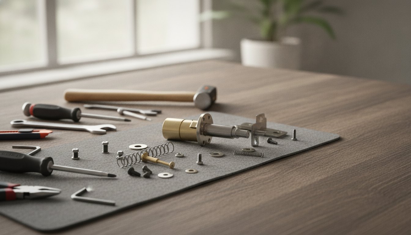 Ferramentas de montagem sobre uma mesa ao lado de uma fechadura desmontada.