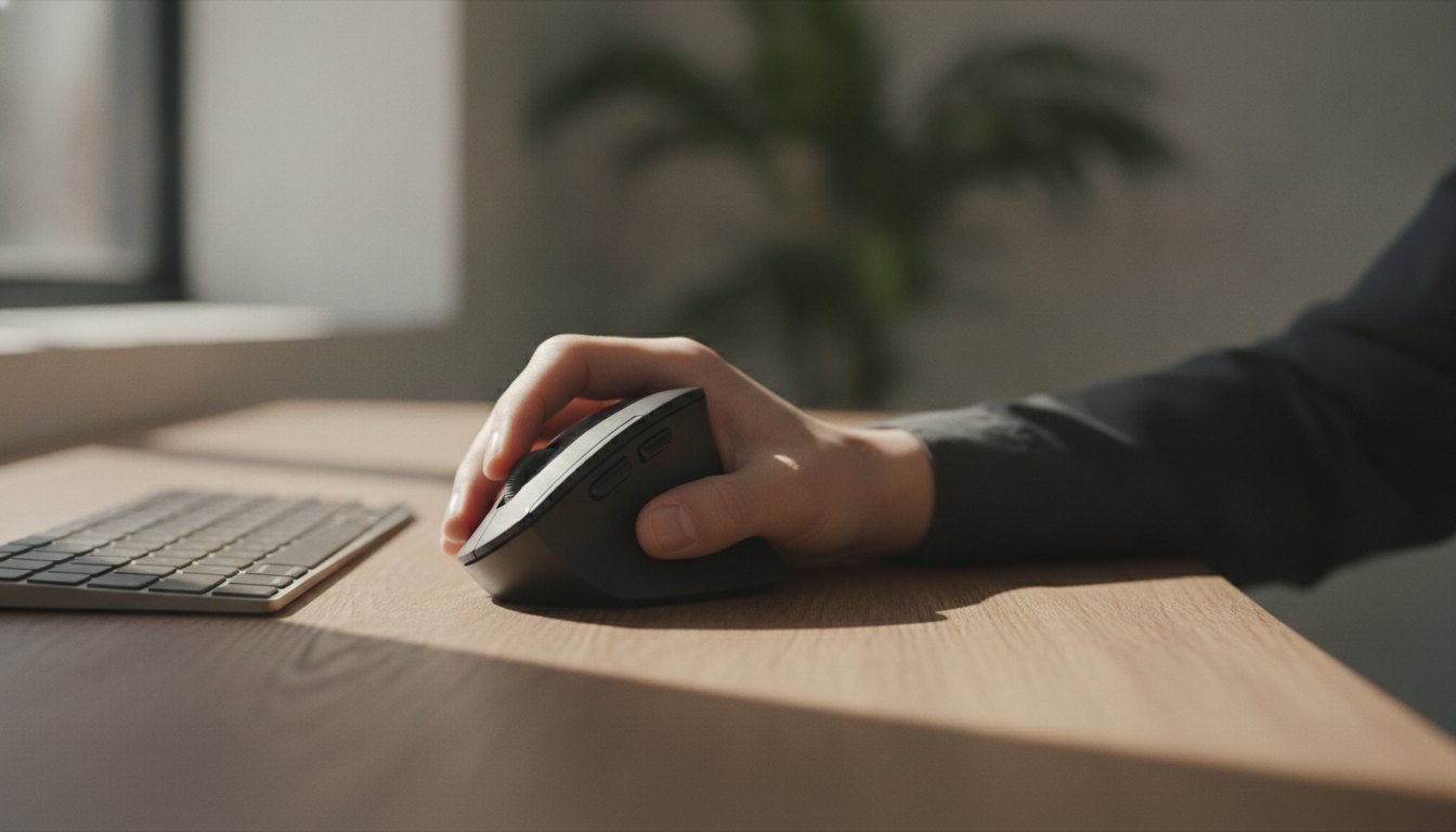 Mão segurando um mouse vertical escuro sobre uma mesa de madeira ao lado do teclado.