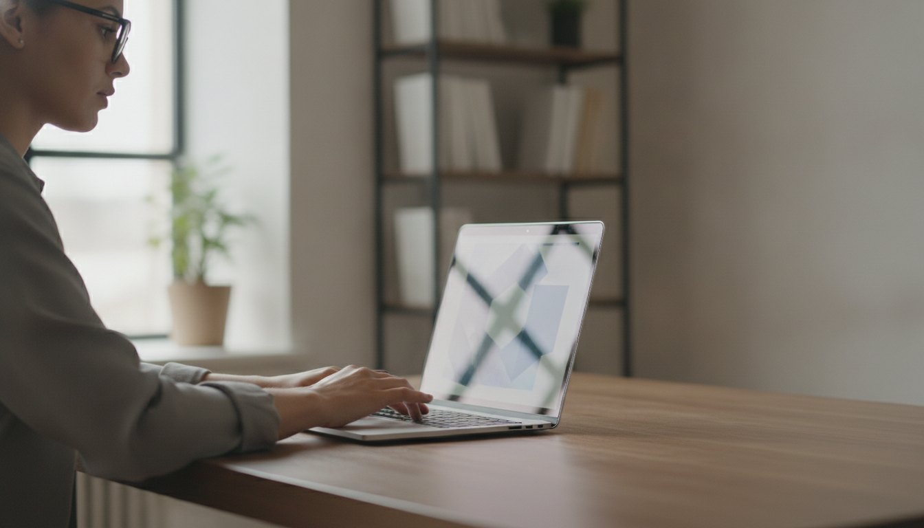 Mulher usando óculos de armação preta enquanto digita em um notebook em ambiente iluminado.