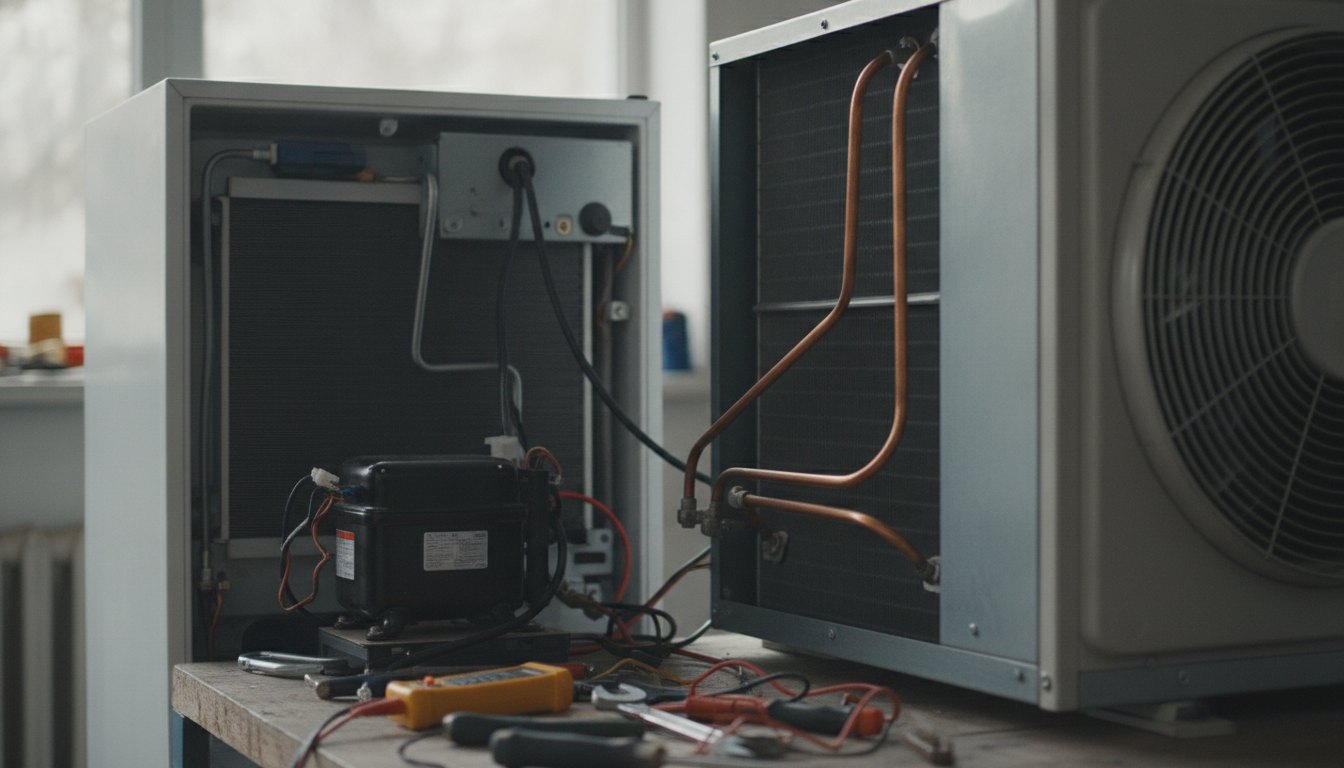 Técnico inspecionando o motor de uma geladeira e a unidade condensadora de um climatizador.