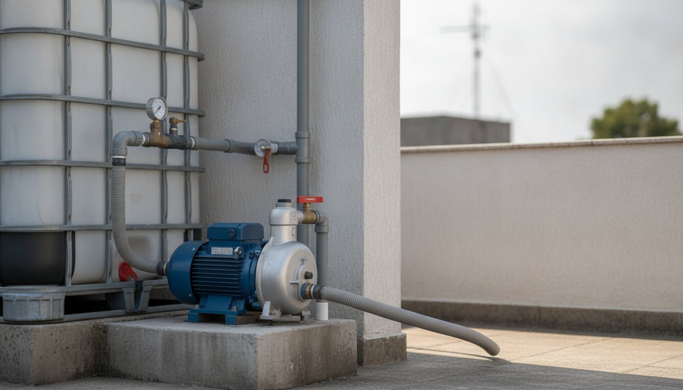 Bomba de água instalada junto à tubulação de uma caixa d'água residencial.