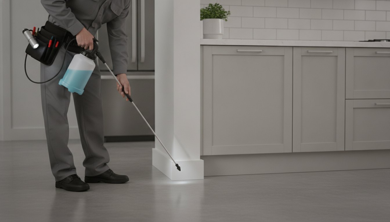 Profissional com equipamento de pulverização inspecionando o rodapé de uma cozinha residencial.