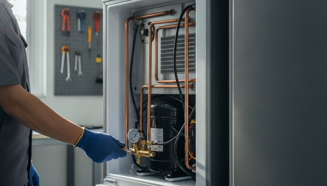 Técnico uniformizado ajustando a válvula de pressão na parte traseira de um refrigerador doméstico.