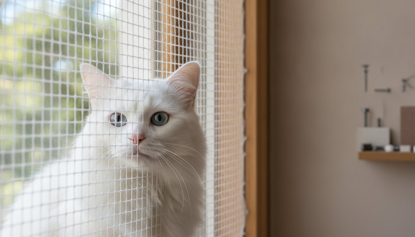 Gato branco olhando pela janela através de uma rede de proteção de polietileno.