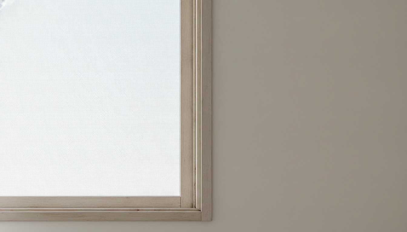 Janela de apartamento com tela translúcida cobrindo o vão contra o céu claro.