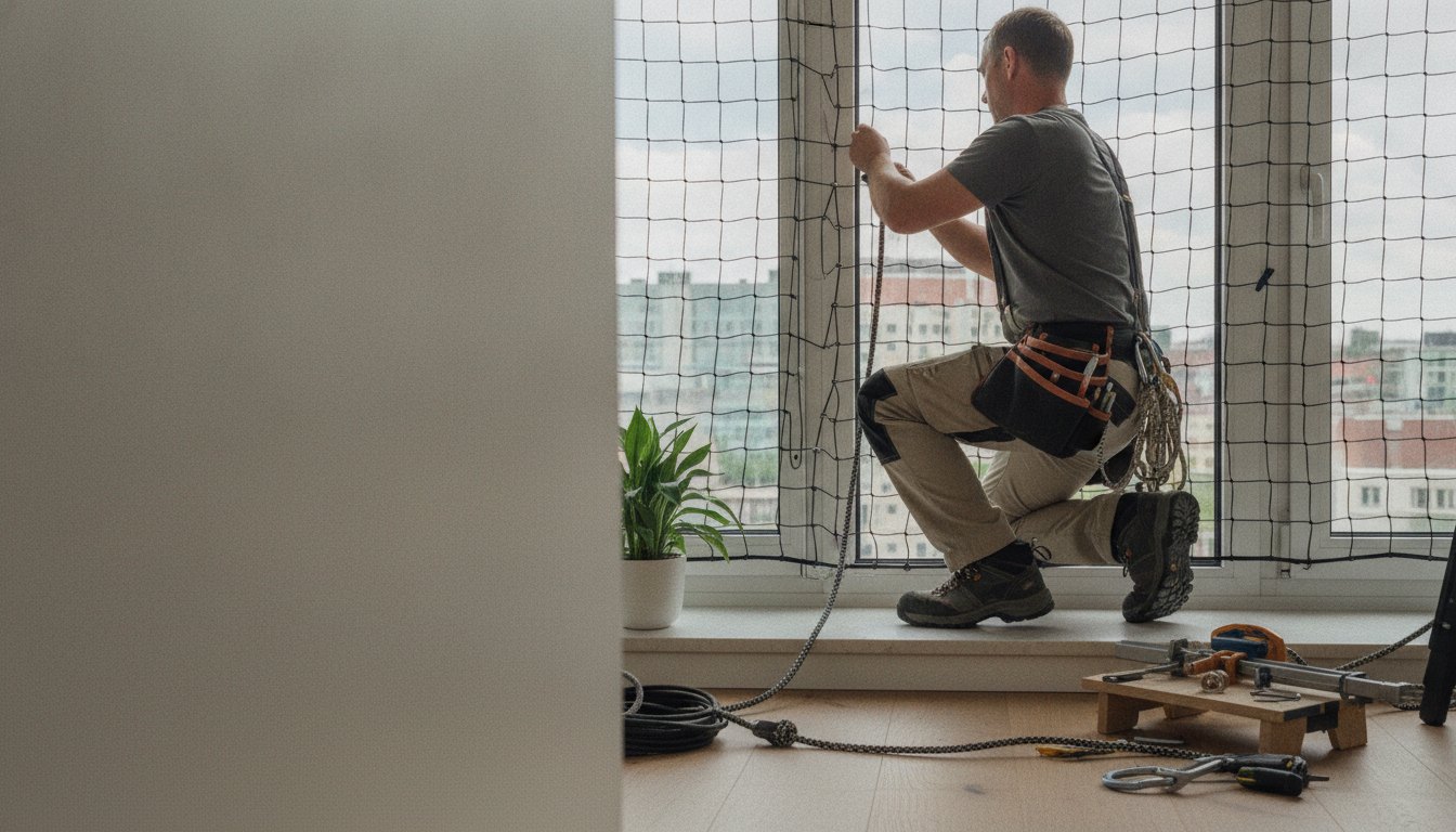 Profissional com equipamentos ajustando a corda perimetral de uma rede de proteção na janela residencial.