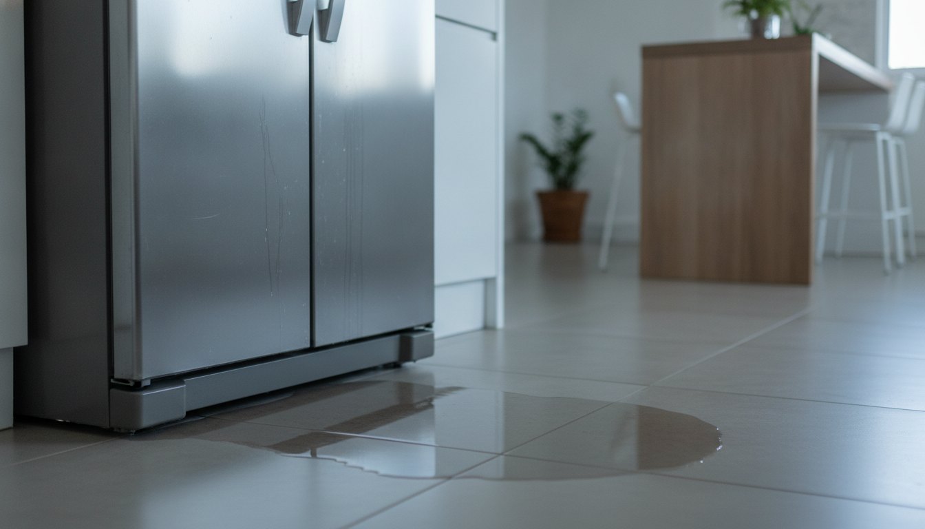 Poça de água no piso da cozinha logo abaixo da porta de uma geladeira metálica.