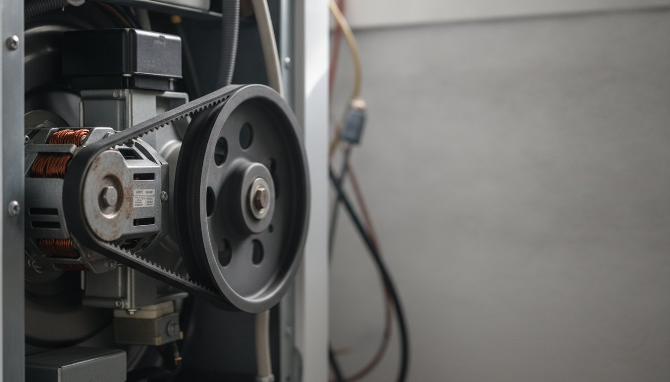 Detalhe da parte traseira de uma máquina de lavar com foco no motor e correia.